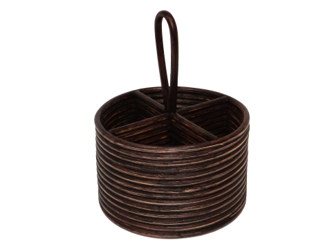 Round rattan flatware caddy - brown washed